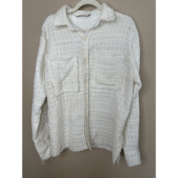 MNML‎ Womens white tan blouse medium long sleeve polyester collared button up - Picture 2 of 8